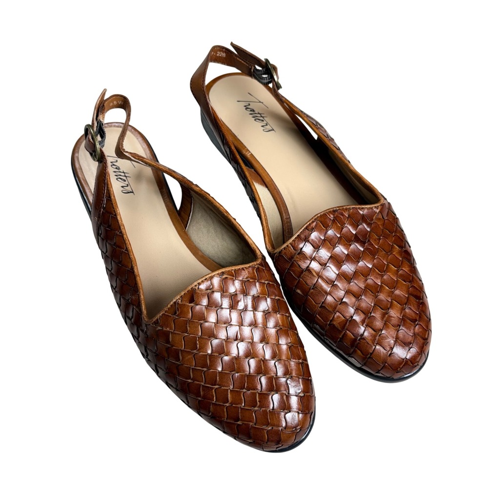 Trotters Woven Leather Slingback Flats Cognac Brown 9.5W Huarache Dark Academia
